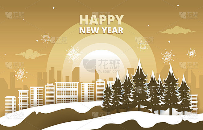 烟花城建筑松树冬季新年剪纸插图