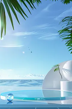 Comfortable natural light, Glass table, 3D scene, A clear sky, Metal ball, Waterside, Botany, Blue water, Ocean, Water drop, Bubble, 3D rendering, 8K