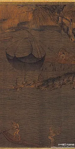 #山水画#【 五代南唐 赵幹 《江行初雪图》 】卷，绢本设色，25.9×376.5cm，台北故宫博物院藏。 画江边渔人作活的情景。江天寒雪纷飞，渔家之艰辛，描述殆尽。岸上旅客攒行长林雪堤，人驴面目各具苦寒难行之色。通幅淡墨渍染绢地，再洒白粉為雪。寒林枯木皆中锋圆笔，遒劲有如屈铁。