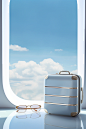 a window with luggage and glasses, in the style of light sky-blue and light white, rich and immersive, expansive skies, highly polished surfaces, light white and light bronze, commercial imagery, clean and simple designs