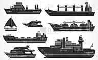 矢量船集。黑色的轮廓。