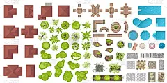 设置建筑和景观元素，俯视图。收藏房屋、植物、花园、树木、游泳池、户外木制家具、瓷砖。平面向量。表、长