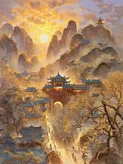 余晖散落染云烟， 宫殿倚影梦幻间。 朝阳初升映光云， 古韵细腻尽风华。 执手观云烟远去， 卷帘望梦寻心涯。 世间风景皆如梦， 唯美诗行盈晖阳。 #Ai绘画  #宫殿  #云烟  #日出  #太阳  #光芒  #朝阳  #中式建筑  #壁纸  #每日壁纸  #神仙壁纸   #私藏壁纸  #电脑壁纸  #明信片  #插画  #古风插画  #国风插画  #治愈景色  #景色  #风景插画  #国潮插画  #中国风  #平面设计  #美景  #艺术  #商业插画  #背景画  #装饰画  #墙绘  #设计  #审