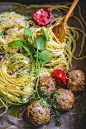 Kale Pesto-like Sauce + Arugula and Shishito Sauce + Baked Non-Beef Meatballs