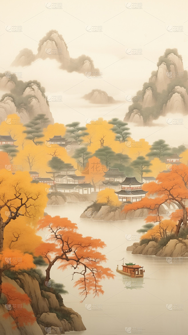 秋天通用古风建筑背景