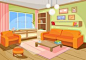 Vector illustration of a cozy cartoon interior of a home room, a living room with a sofa, coffee table, chest of drawers, shelf an
