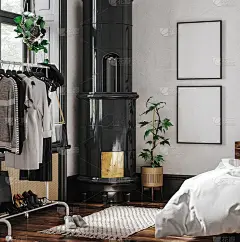 模型海报框架在卧室，斯堪的纳维亚风格