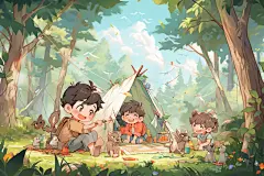 周末小孩孩童郊游开心儿时露营郊游插画图片