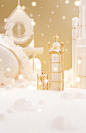 gold christmas decoration in the snow, in the style of minimalist cityscapes, liquid light emulsion, petrina hicks, clockpunk, rachel whiteread, soft and dreamy atmosphere, editorial illustrations