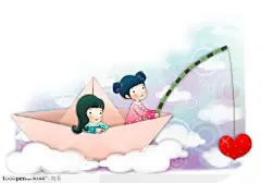 手绘拿着钓竿在纸船里钓红色心形的可爱小女孩