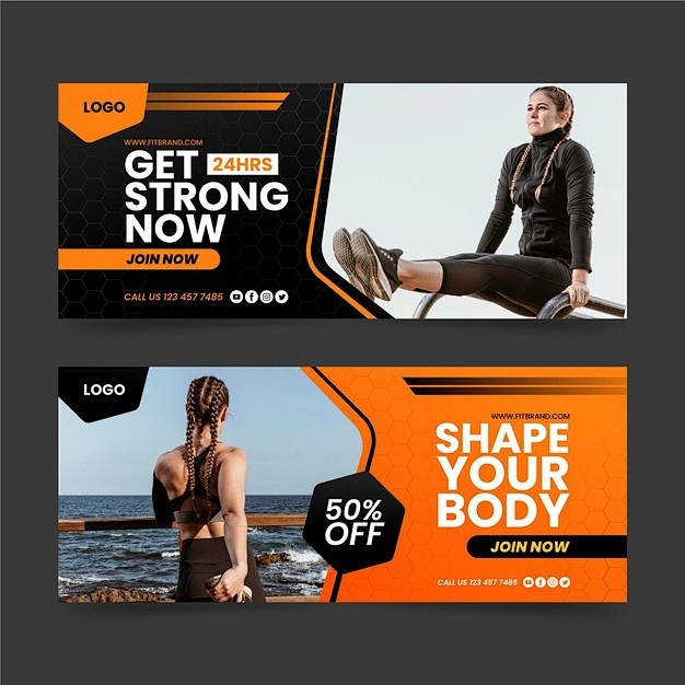 Gradient fitness club banners with photo template free vector
