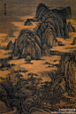 #山水画#【 五代南唐 董源 《洞天山堂图》】轴，绢本设色，183.2×121.2cm，台北故宫博物院藏。此画描绘了白云吞吐漂浮于山间，山谷中松林茂密，清溪流淌，隐露楼观，境界清幽，表现了一派世外桃源般的仙境。此图笔墨苍劲，景色茂密，云朵以白粉染绘，与董源之淡墨轻岚风格迥异，更近于金代画家的风格。