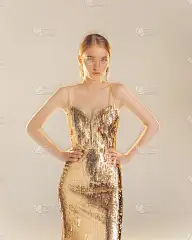 Beautiful young woman in the golden dress