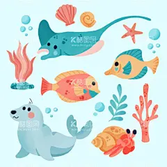 海洋生物  - 源文件下载【酷图网】海洋生物合集,矢量海洋生物,卡通海洋生物,手绘海洋生物,海洋生物插画,海洋生物插图,海狮,矢量海狮,卡通海狮,手绘海狮,海狮插画,海草,海藻,金鱼插画,金鱼插图