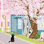 TABINEKO-Cherry blossom street Barber shop : One piece of a series illustration of the cat "TABINEKO" traveling the seasons drawn by Japanese illustrator Toshinori Mori "TABINEKO-Cherry blossom street Barber shop".I drew cats strolling