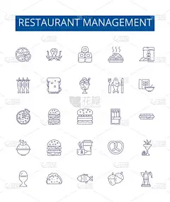 餐厅管理线图标设置.食物、菜单、食物、员工、订单、成本、会计、保安等设计集合