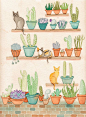 Cats in the Succulent Room Original Cat Folk Art Watercolor Painting by KilkennycatArt: 