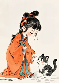 治愈系插画素材|小女孩和猫咪古风 - 小红书