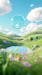 3D cartoon-style scene with a background of grassy hills dotted with small flowers and a lake in the foreground, a blue sky with white clouds, a small green hill in front of the camera, and a soap bubble flying above it. The image features bright colors, 