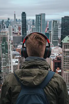 倾听音乐的潮酷青年背影