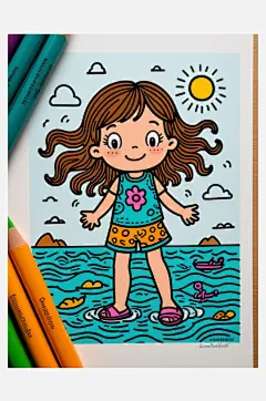 数字艺术插画版画海边女孩线条画扁平风装饰-众图网