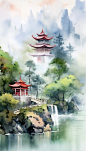 设图网经典中式园林中国风水墨山水风景插画