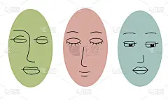三手绘矢量现代抽象女性面孔。简约的线条样式。抽象的椭圆形女性脸，自然柔和的颜色。简单程式化的肖像孤立