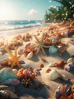 热带海滩度假贝壳和海星壁纸