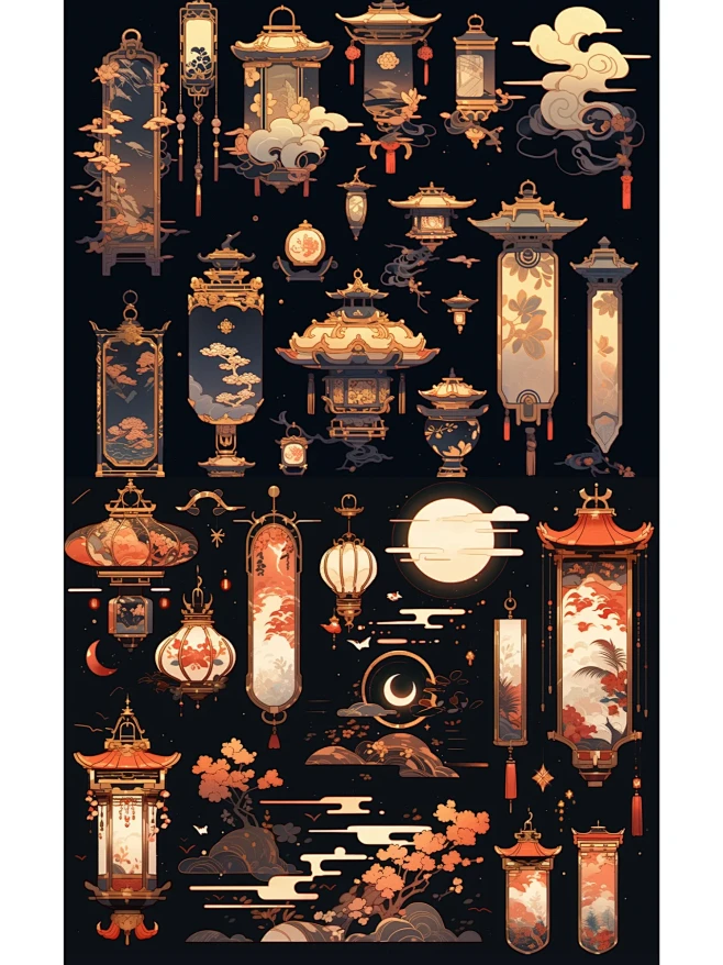 AI典雅中国风宫灯道具原画♟️-花瓣网
