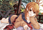bed braids breasts brown_eyes brown_hair cleavage long_hair original ponytail sahara386 scarf seifuku shrine tree