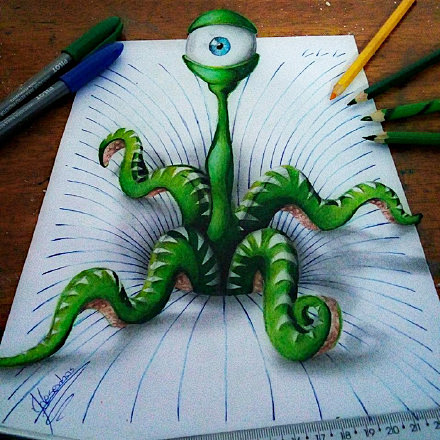 一位巴西艺术家在纸上绘制的3D涂鸦作品，...