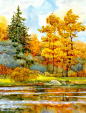 水彩风景。秋季森林湖上
