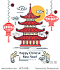 Chinese New Year flat thin line greeting card template. Temple pagoda house, lantern, firework, monkey. Chinese New Year 2016 linear minimal modern stroke vector concept. Web, banner, poster, flyer