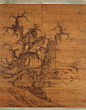 宋-李成-读碑窠石图。
一块残碑，几株枯树，原野凄凉。作者表现出人世沧桑，往事如烟，不堪回首之感，表现出他愤世嫉俗、高傲孤寂之品格。画中残碑以淡墨染正侧面，斑驳漫漶；环绕残碑周围的枯树盘复，枝干下垂如蟹爪。荒石孤立、荆棘枯草，所有的景物都烘托出无限凄怆之气氛。
