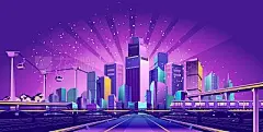 road to the big cityThe futuristic night resort city is illuminated by neon lights and light rays, traffic, roads, bridges, estokadas and suspended cable car,