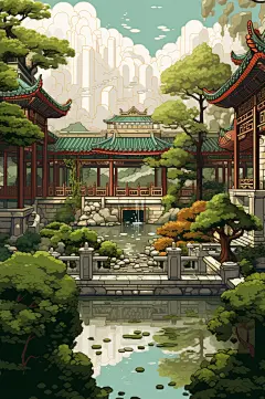AI数字艺术像素风四合院建筑插画-众图网