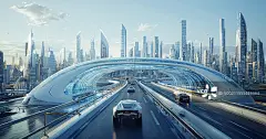 【AI数字艺术】未来城市道路交通与高楼景观图片素材
