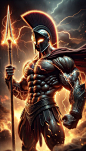 a digital painting of a roman warrior holding a spear and lightning behind him is the sky
