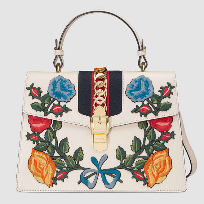 Gucci Sylvie刺绣真皮手提包 ...