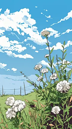 Sketch line art，黑白线稿，电影故事板，White and black line art，vector illustration，warmspring,wind,grassflowers,blue sky,calm and beautifuloutdoor,blue sky white clouds ，ckean,HD 16K resolution processing, 8k,,Pavilion