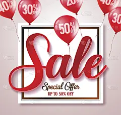 销售文字排版矢量横幅与百分比在红色气球