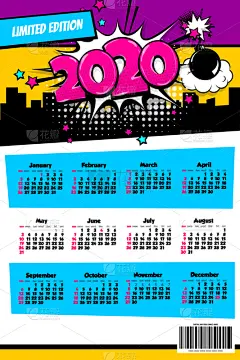 2020,波普风,矢量,日历,高雅,对话气泡框,贺卡,月,新年前夕,一月