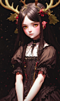 General 1920x3200 women antlers black hair looking at viewer orange eyes vertical fantasy art fantasy girl