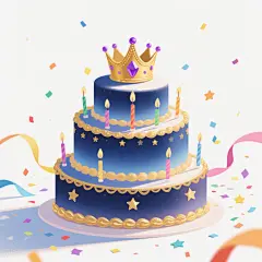 一个三层的生日蛋糕，白色背景，主体风格为现代简约风，蛋糕主体颜色改为深蓝色渐变，顶部有一个金色的小皇冠，皇冠上有一颗紫色的宝石，蛋糕的每一层边缘都有金色的星星装饰，蛋糕上插着几根彩色的蜡烛，周围有彩色的丝带和星星形状的五彩纸屑，整体画面充满了节日的氛围，色彩搭配和谐，光影效果柔和，具有插画的质感和细腻的笔触。