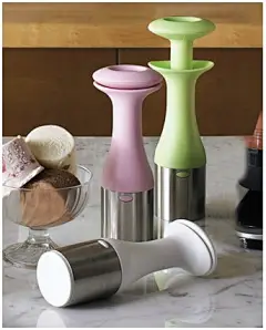 Ice Cream Scoop Features a simple twist-and-lift action and push-button release to create cylindrical blocks of ice cream that can be stacked into a cone or dish.