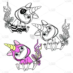 可爱的,白色,请柬,贺卡,猫,独角兽,矢量,绘画插图,古服装,动画片