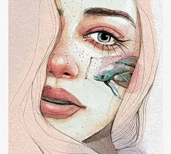 七彩孔雀鱼女孩手绘插画欧美美女人像粉色调半脸小雀斑红唇大眼水彩画作