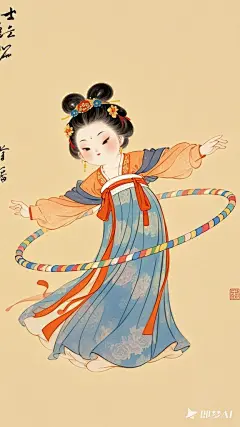 全景,水墨插画,极简主义，漂亮的唐代女士插画,女士转呼啦圈，现代人物与古风工笔画结合，画风细腻成熟，独特的风格，识别度高，人物讨喜又不失韵味，可爱的Q版唐代风俗画图，背景简洁，纯色背景。 (5)