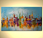 Original Abstract Painting City Shoreline Reflection Palette Knife Art on Canvas Multicolored Skyscrapers by OSNAT 40"x24".: 