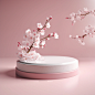 3d podium white cherry blossom background. Japanese style 3D background for product presentation. 3d rendering illustration.